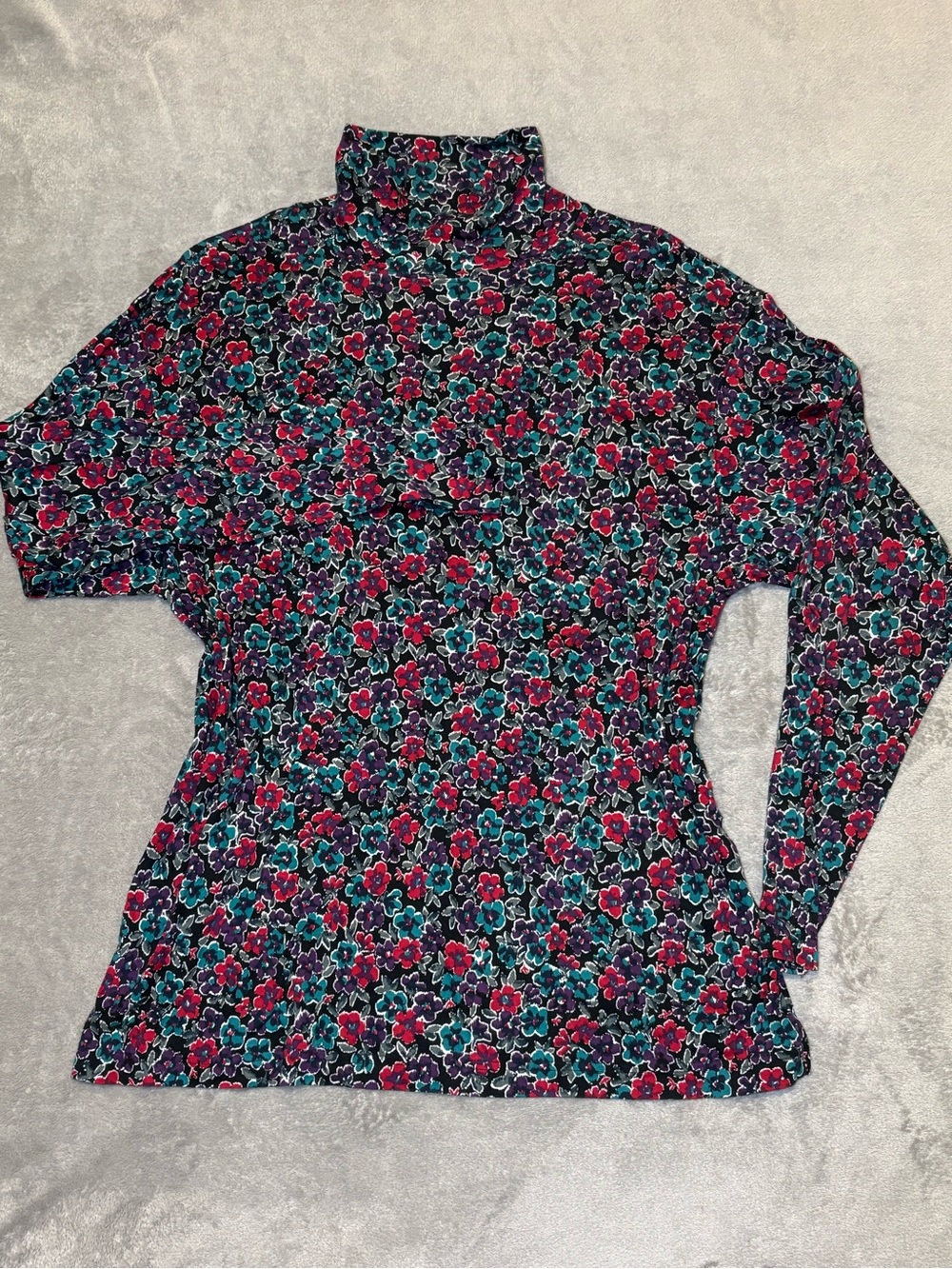 L.L.Bean Floral Mock Neck Top XL 100% Cotton USA Made Long Sleeve Vintage